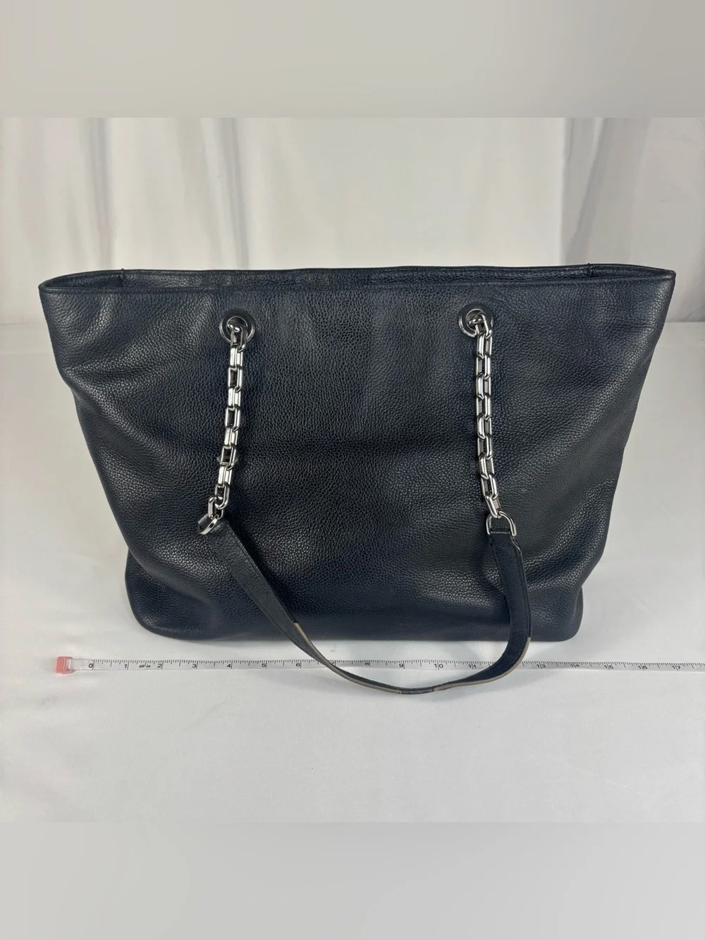 Michael Kors Large Pebbled Leather Chain Tote Bag Navy Silver Hardware